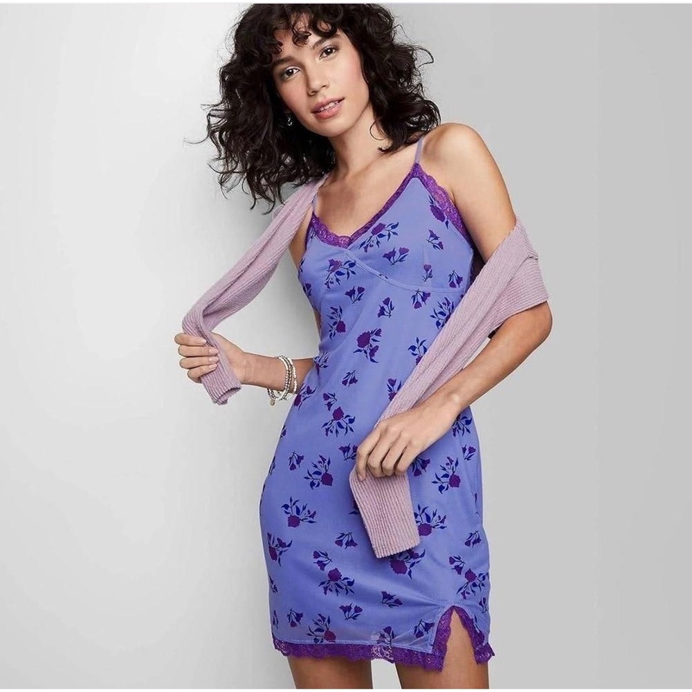 Wild Fable Purple Floral‎ Mesh Lace Trim Slip Mini Dress Womens Small VN1042782